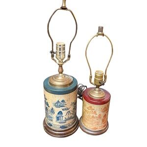 Vintage Brass Chinoiserie Table Tin Lamps Asian Scenic Decor Set of 2